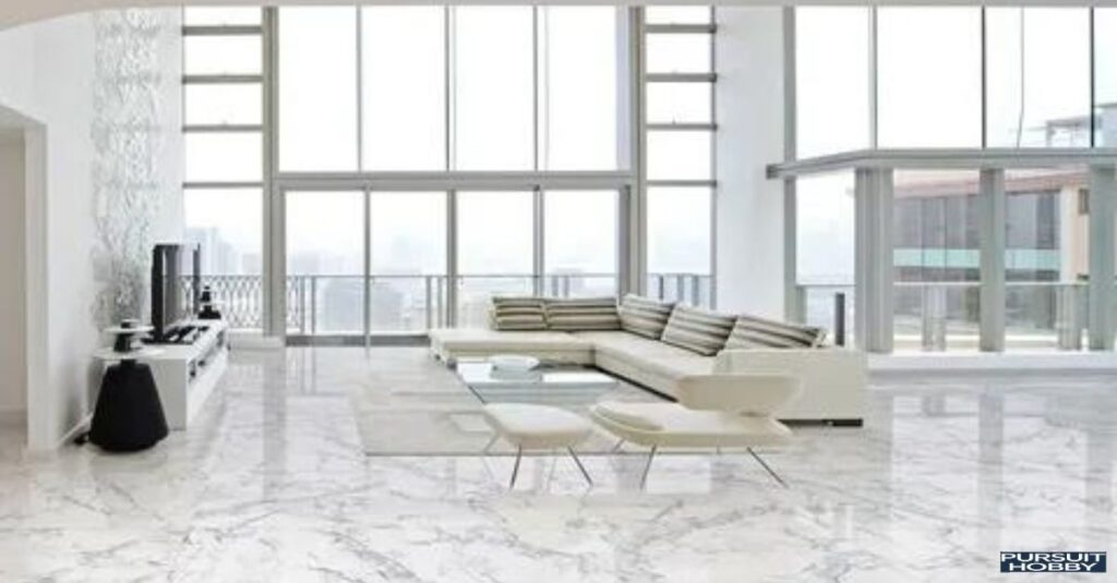 Shiny marble floor tiles in a contemporary living room.