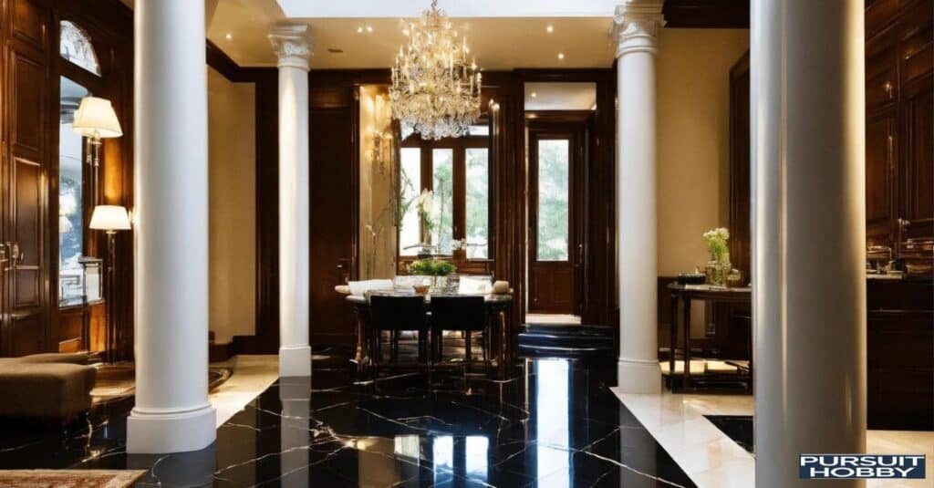 Shiny marble floor tiles in a contemporary living room.