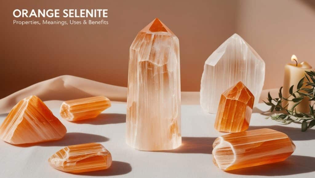 Orange selenite used in a crystal grid setup with other stones