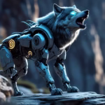 Cybernetic wolf with glowing eyes on rocky cliff