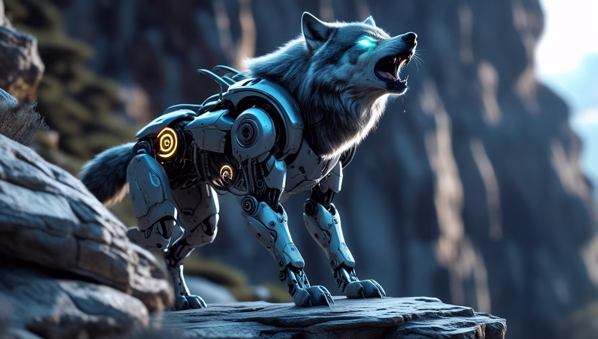 Cybernetic wolf with glowing eyes on rocky cliff