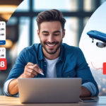 “Traveler using ChatGPT to find cheap flights with flight prices on laptop screen and airplane in background”
